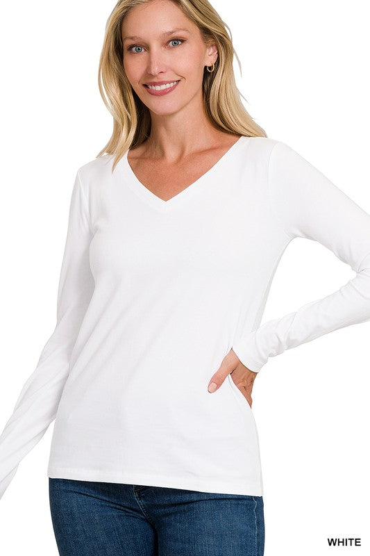 Cotton V-Neck Long Sleeve T-Shirt