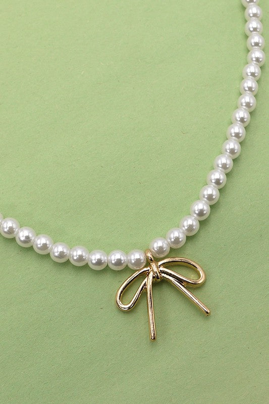 Pearl Necklace with Bow Charm