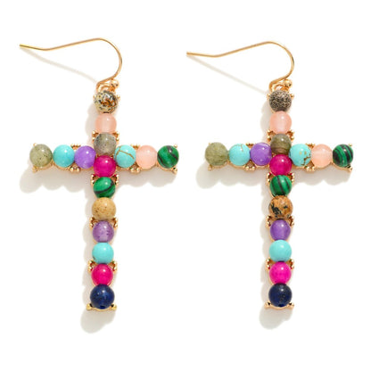 Natural Stone Studded Cross Drop Earrings