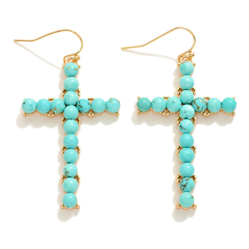 Natural Stone Studded Cross Drop Earrings