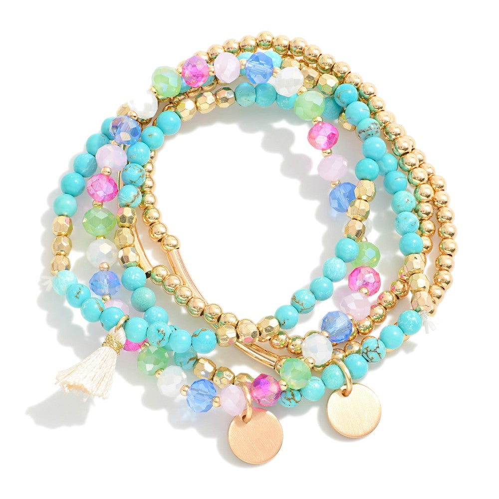 Multicolor Beaded Tassel and Charm Bracelet Set