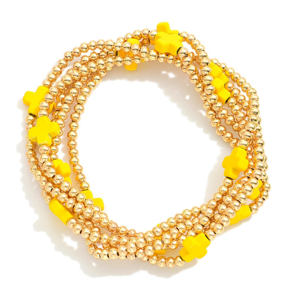 Gold Tone Beaded Stretch Bracelet Set Featuring Dainty Cross Beads