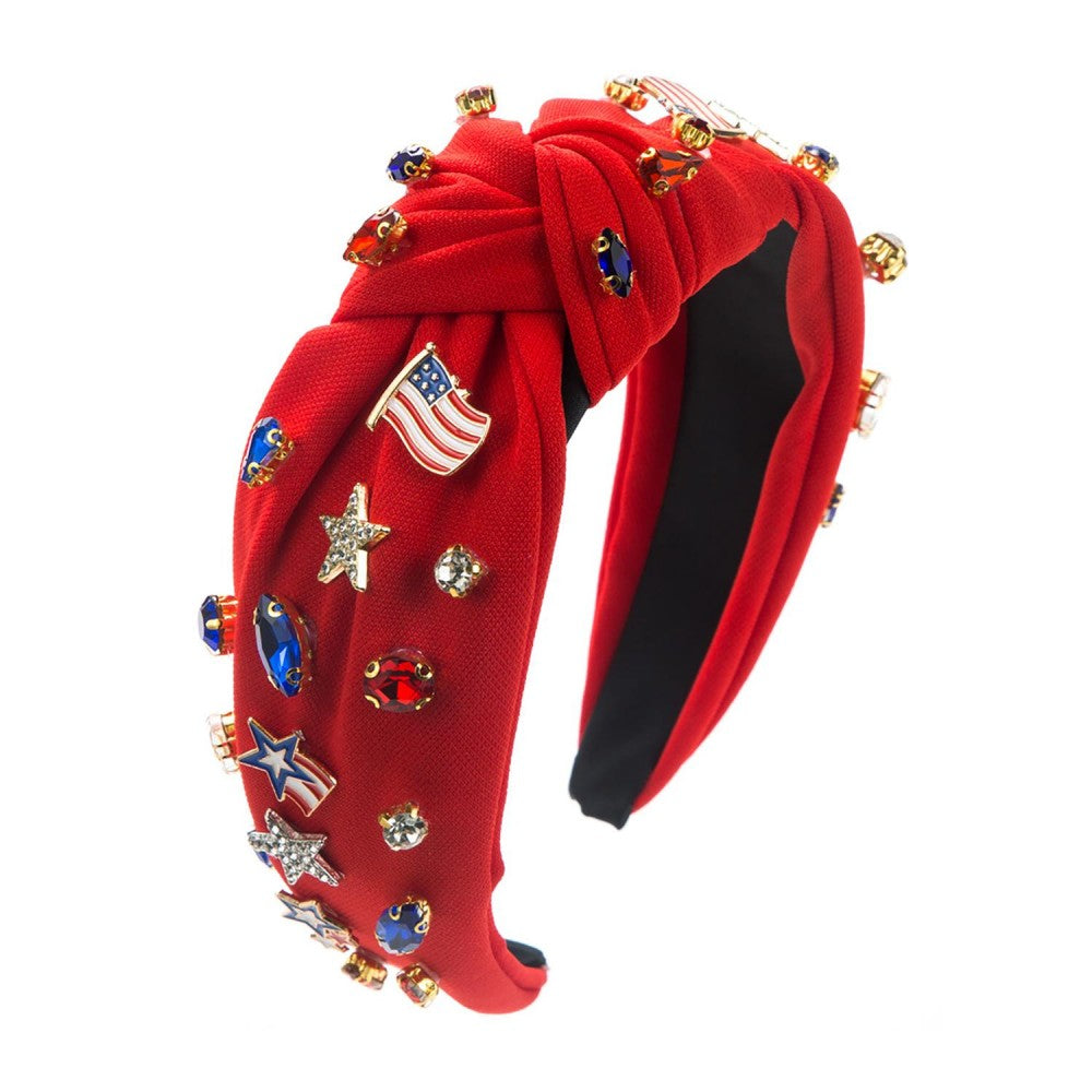 Americana Knotted Headband Featuring Rhinestones and Enamel American Flags