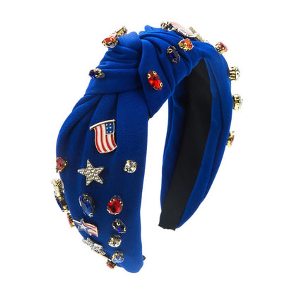 Americana Knotted Headband Featuring Rhinestones and Enamel American Flags