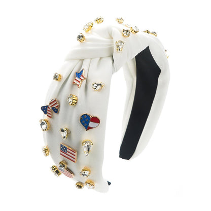 Americana Knotted Headband Featuring Rhinestones and Enamel American Flags