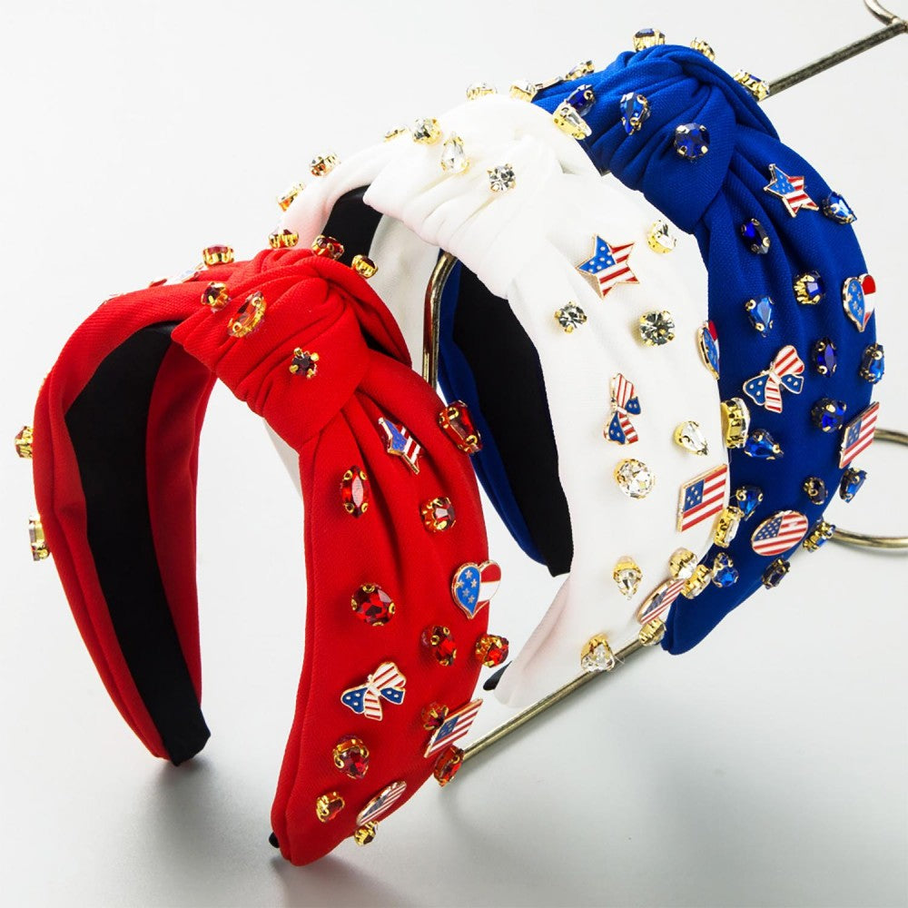 Americana Knotted Headband Featuring Rhinestones and Enamel American Flags