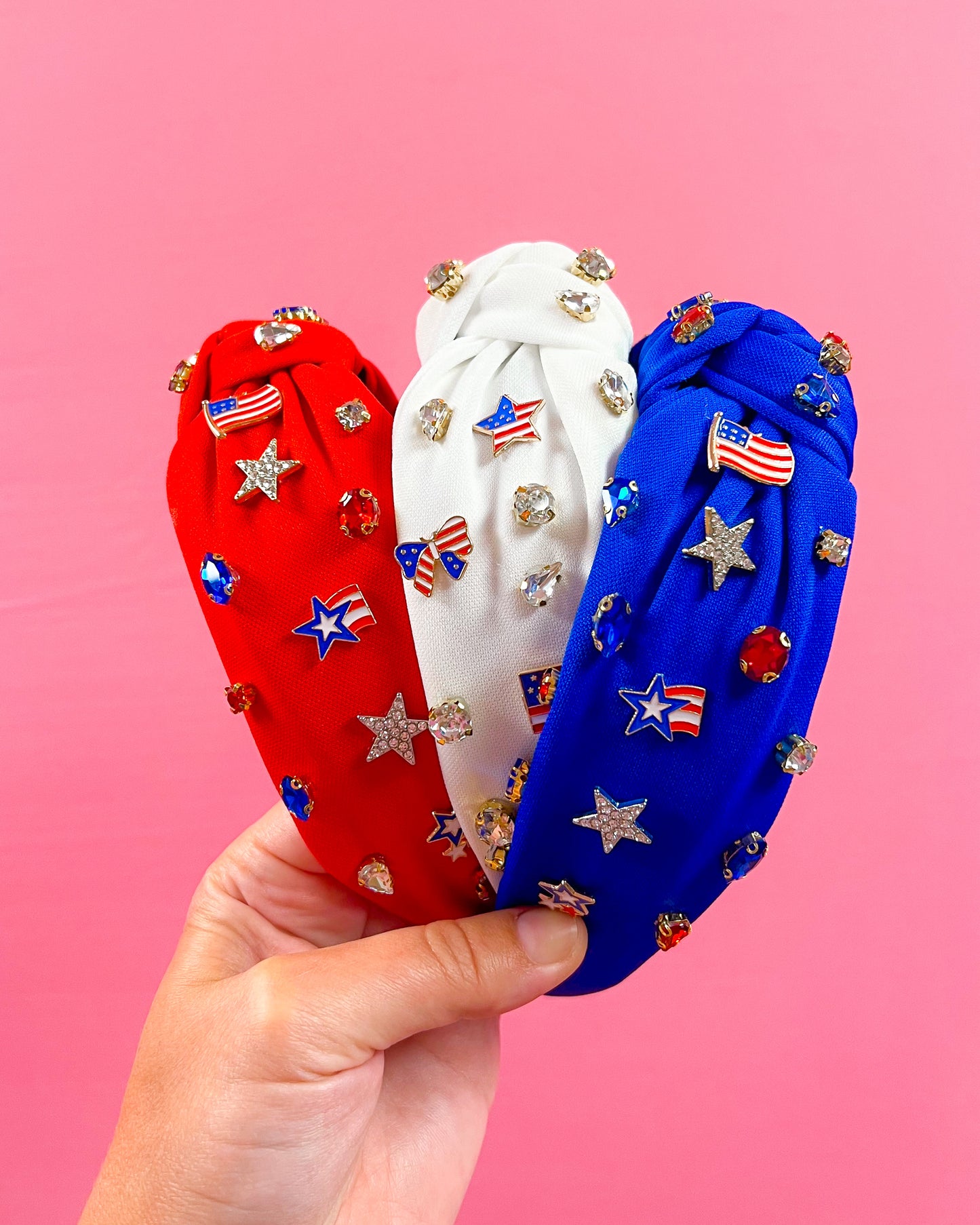 Americana Knotted Headband Featuring Rhinestones and Enamel American Flags