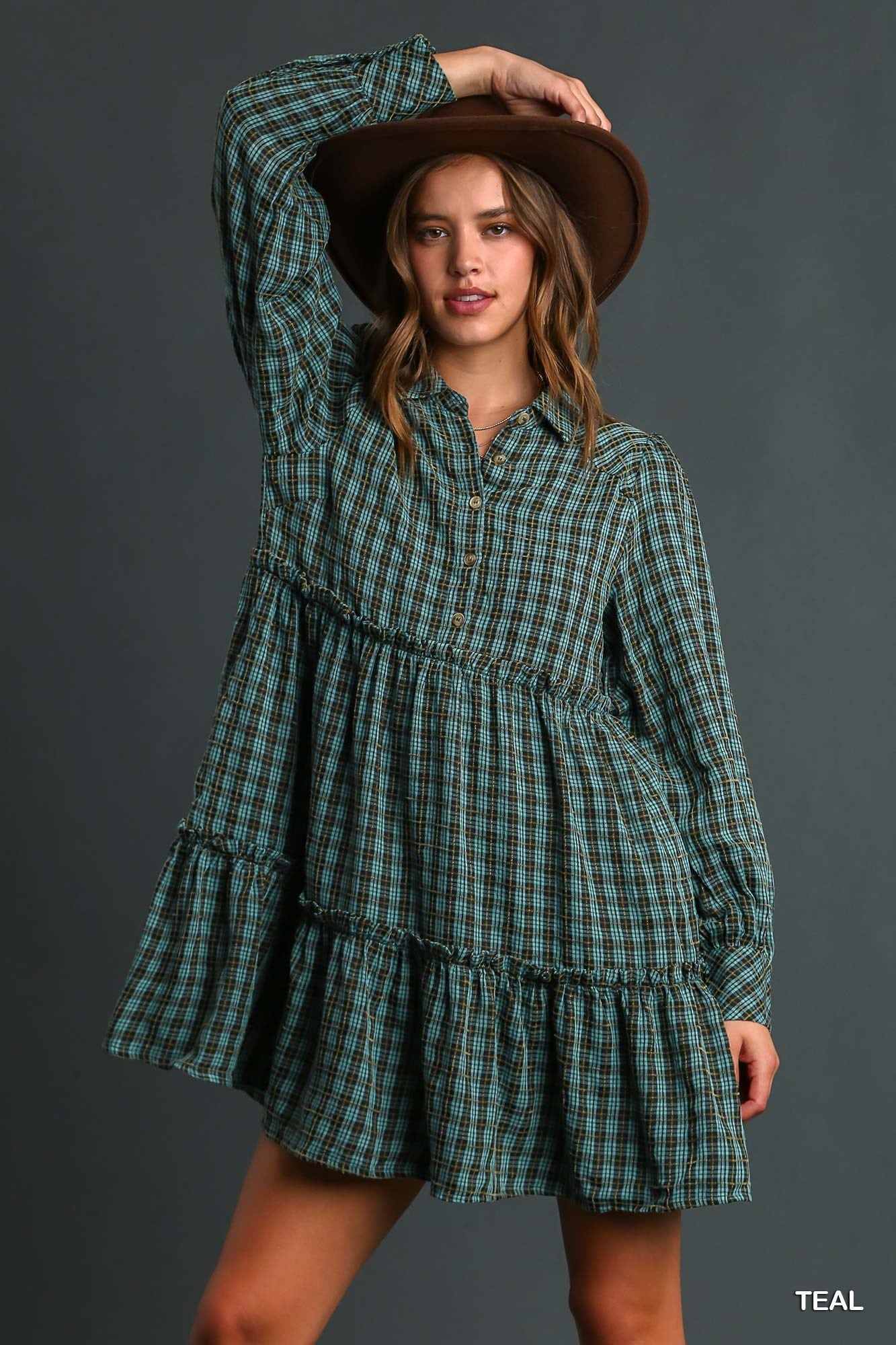 Teal Plaid Button Up Collared Dress