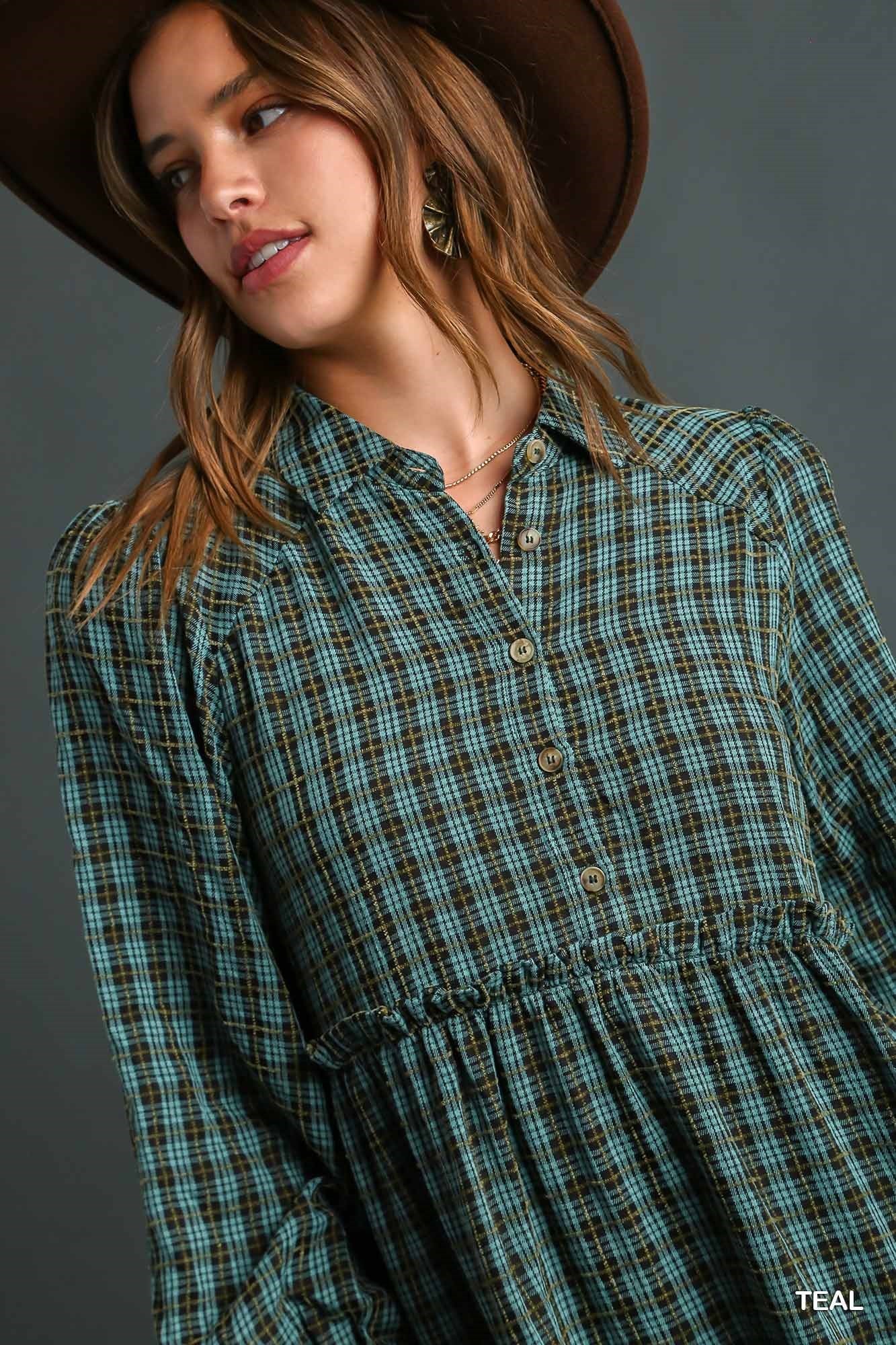 Teal Plaid Button Up Collared Dress