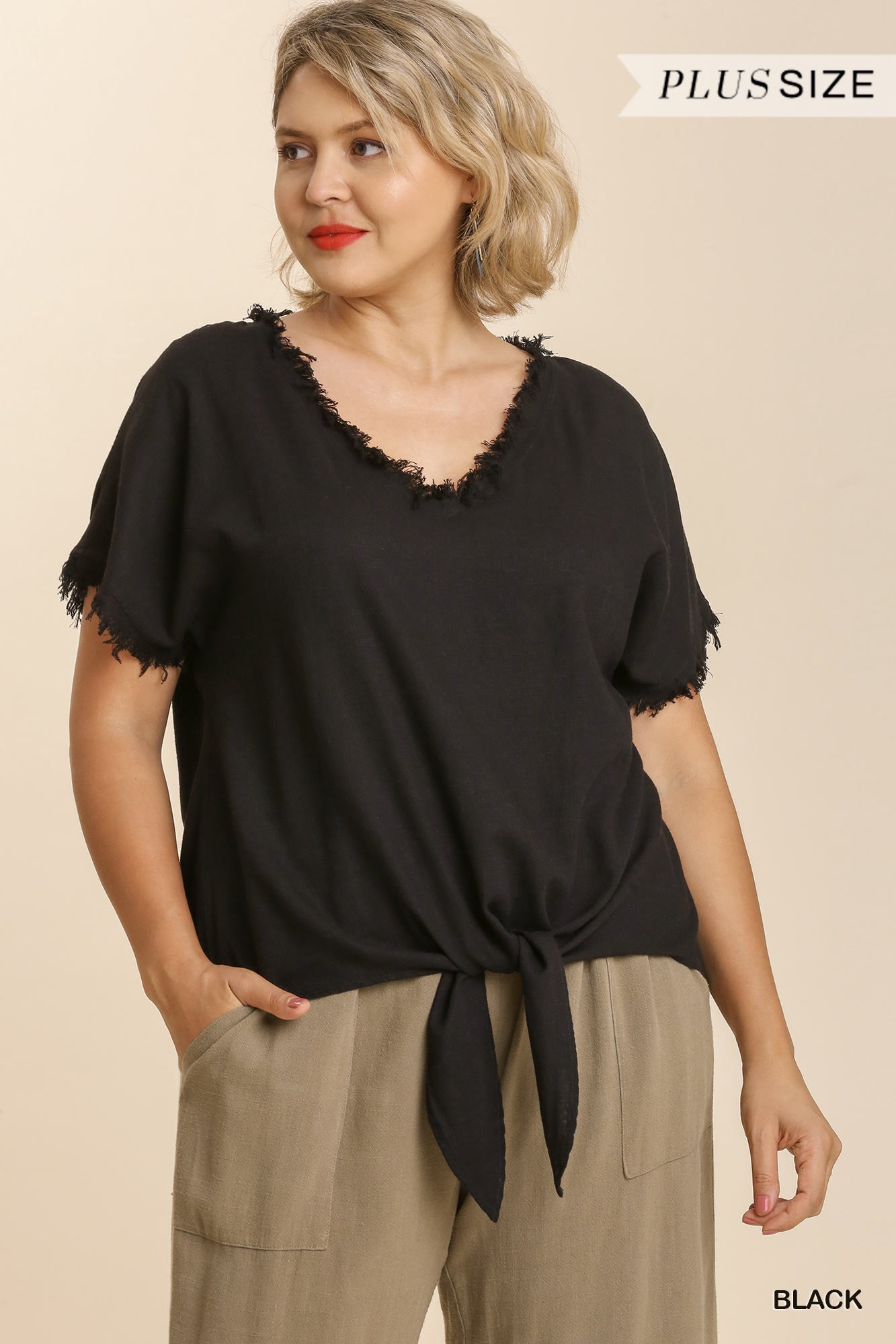 Plus Size Linen Top with Tie